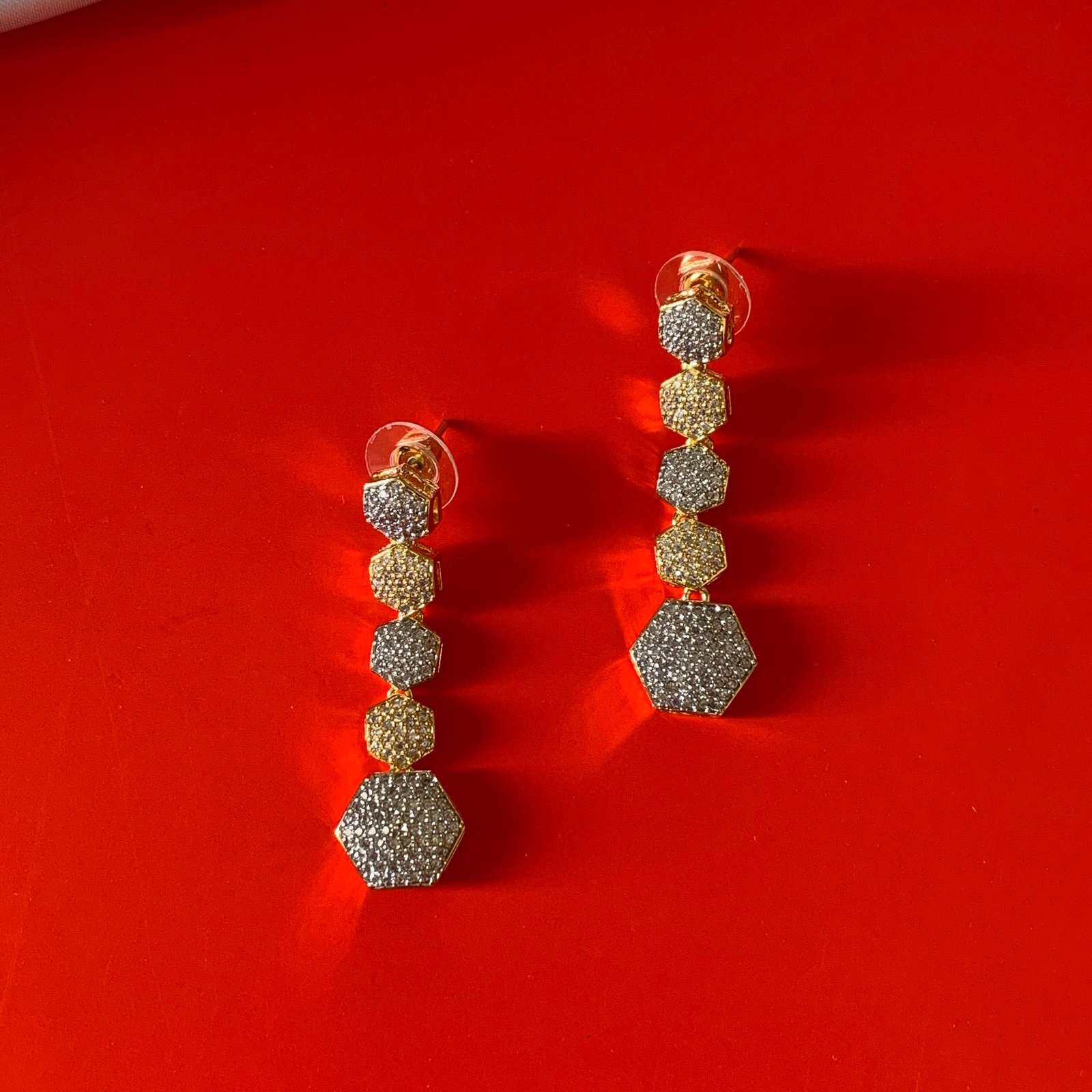 Gold Plated Hexagonal American Diamond Imitation Necklace and Earrings Set - Image 3