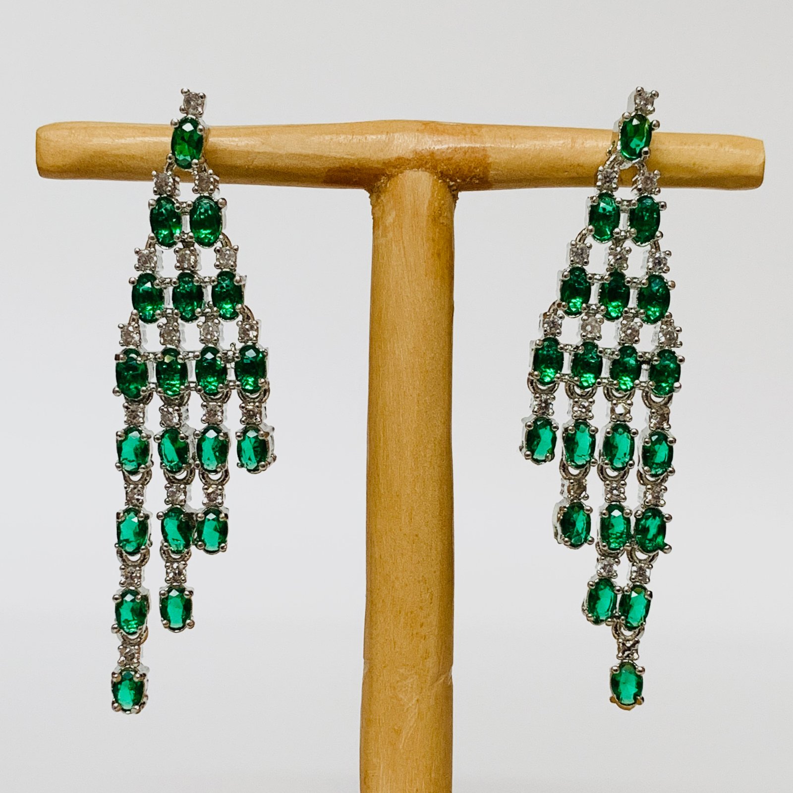 Silver Plated Green and White American Diamond Imitation Layered Necklace Set with Matching Earrings - Image 3