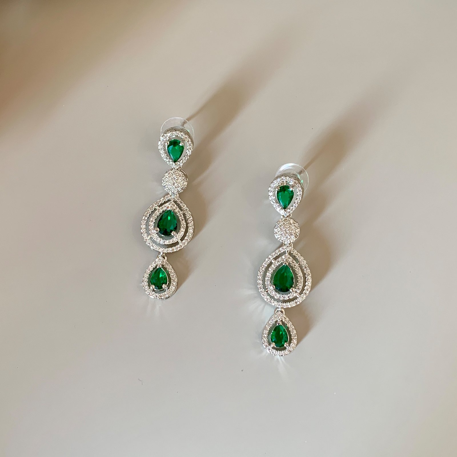 Silver Plated Green and White American Diamond Imitation Necklace and Earrings Set - Image 3