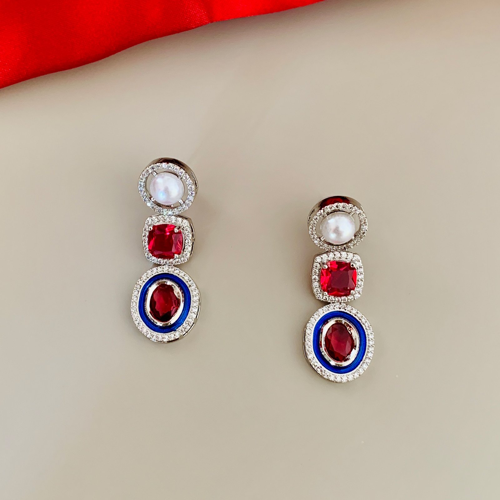 Silver Plated Pink and White American Diamond Imitation Necklace and Earrings Set with Artificial Moti - Image 3