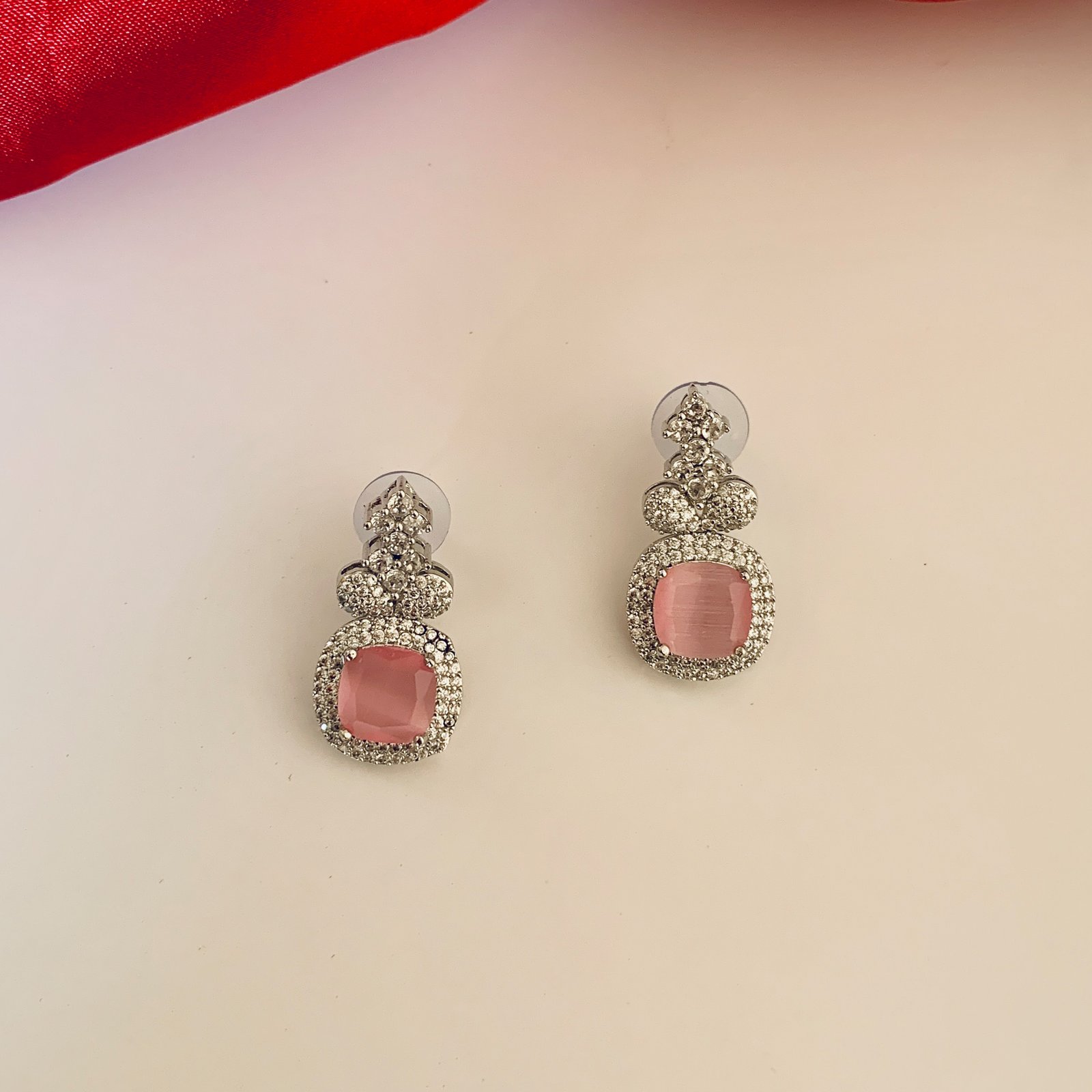 Silver Plated Pink Teardrop and American Diamond Imitation Necklace and Earrings Set - Image 3