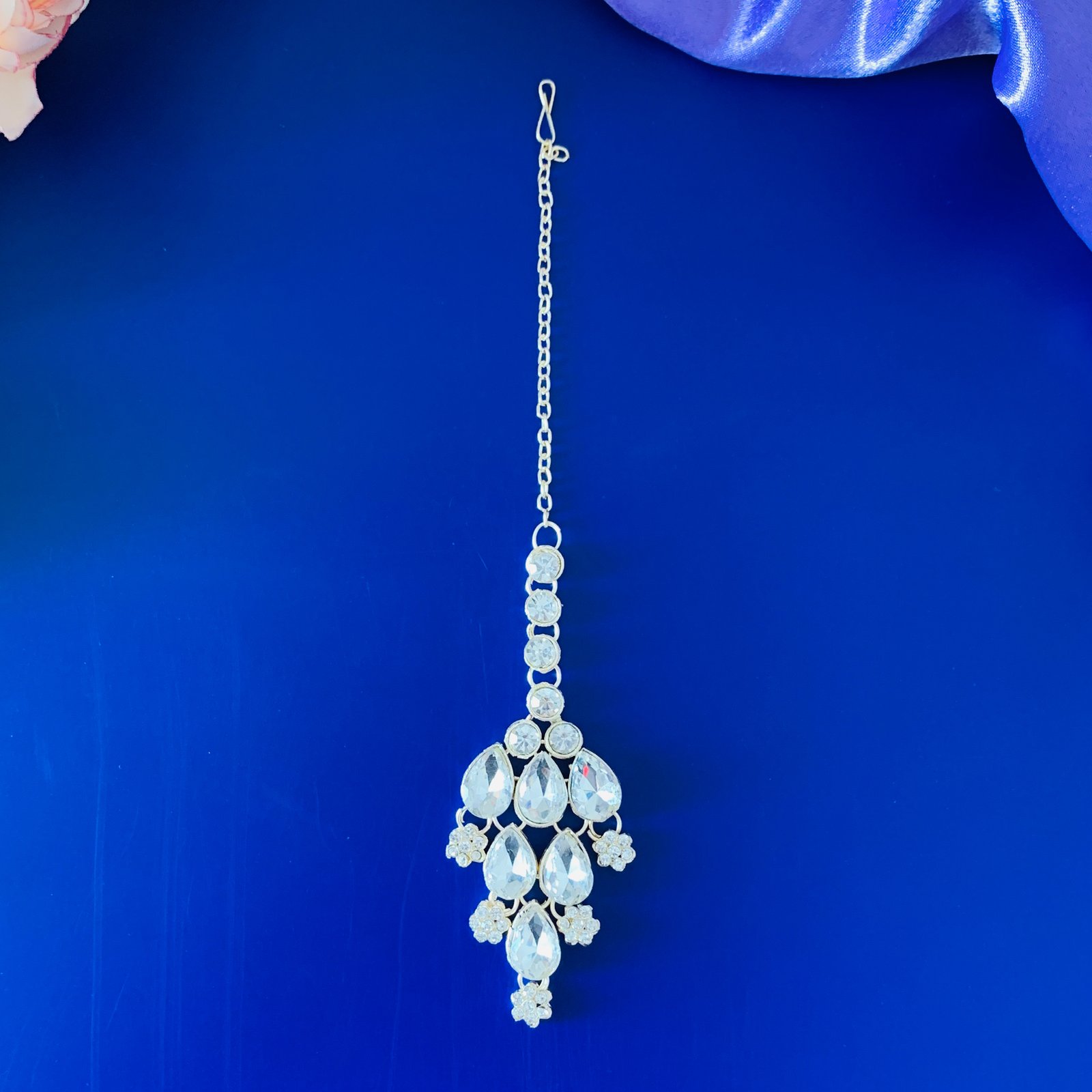 Silver Plated White CZ Statement Necklace Earrings Maang Tikka Set - Image 4