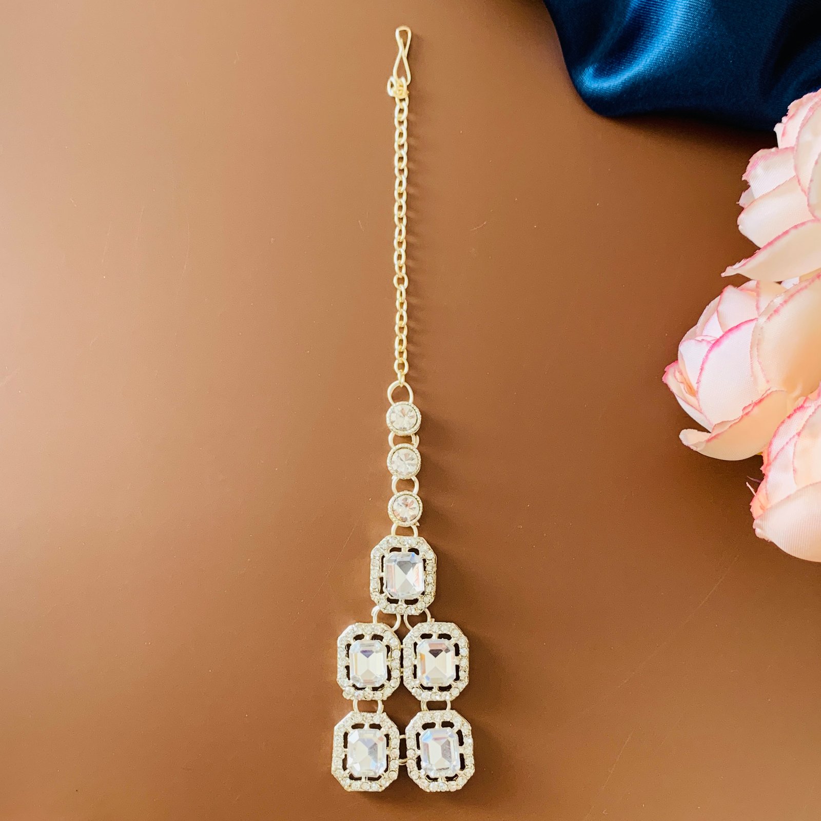 Silver Plated White Imitation CZ Necklace Earrings Maang Tikka Set - Image 4