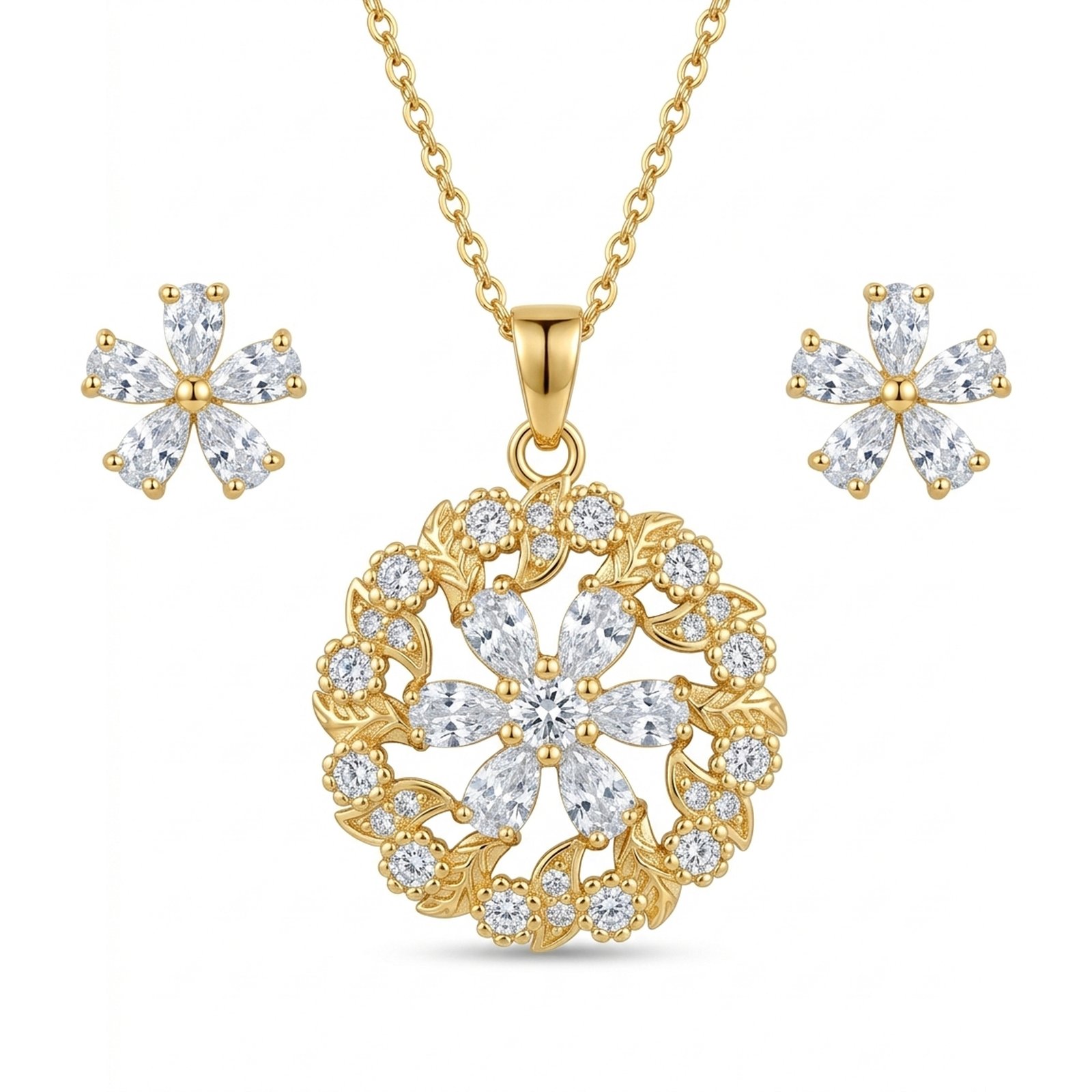 Floral Pendant with Chain and Earrings Set for Women & Girls