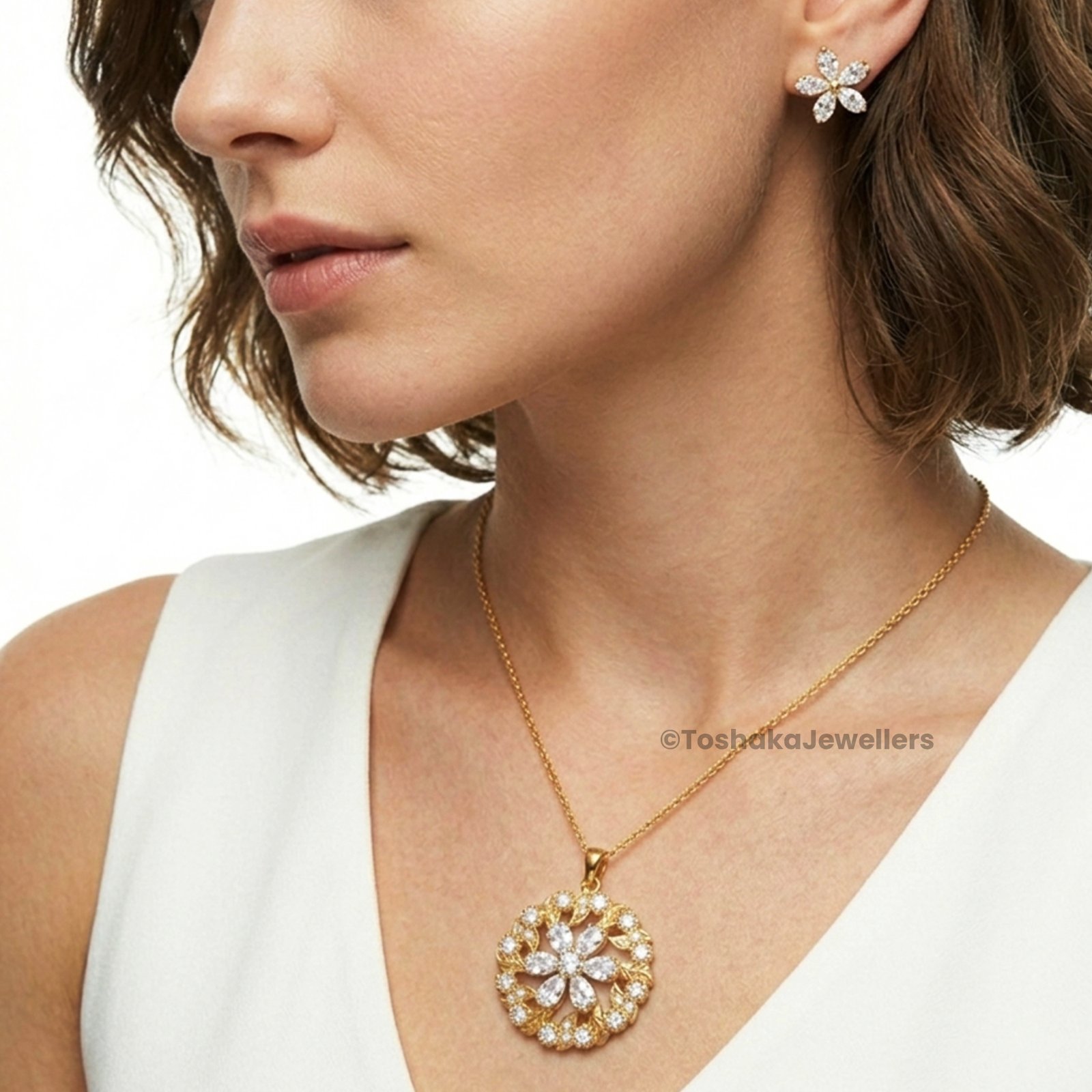 Floral Pendant with Chain and Earrings Set for Women & Girls - Image 3