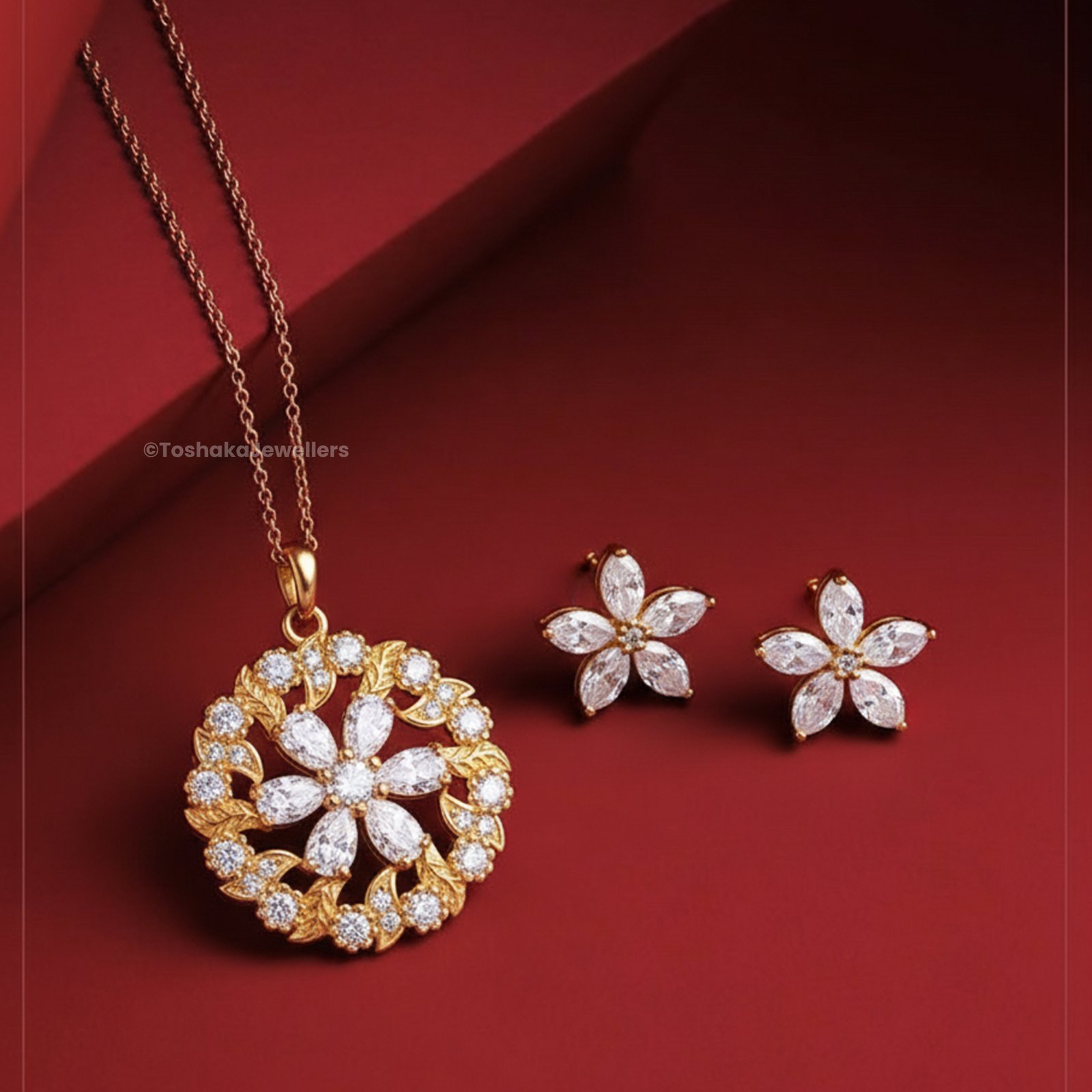 Floral Pendant with Chain and Earrings Set for Women & Girls - Image 4