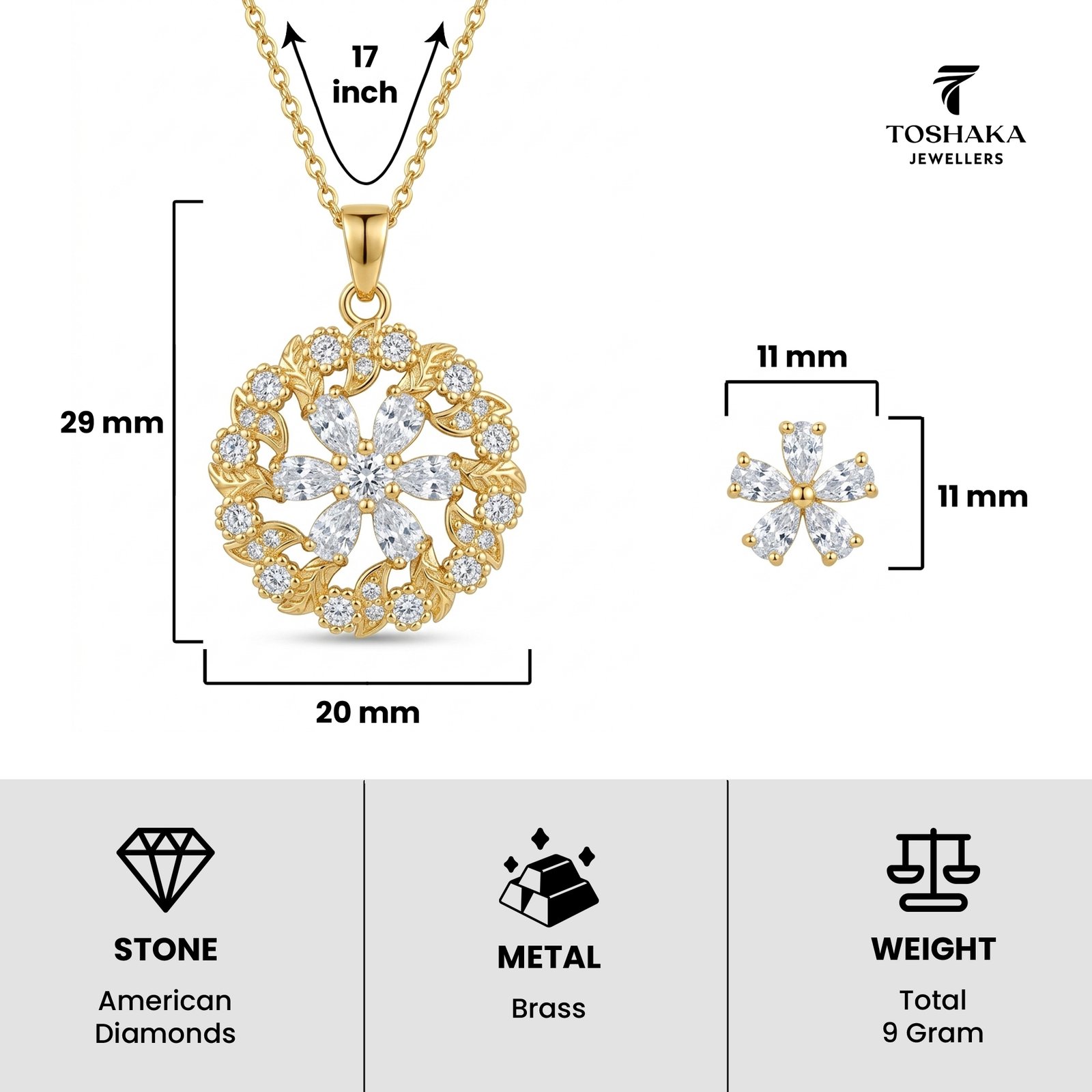 Floral Pendant with Chain and Earrings Set for Women & Girls - Image 5